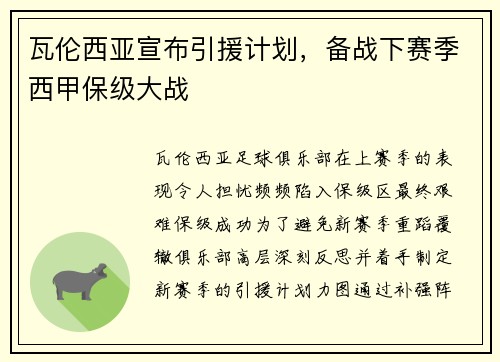 瓦伦西亚宣布引援计划，备战下赛季西甲保级大战